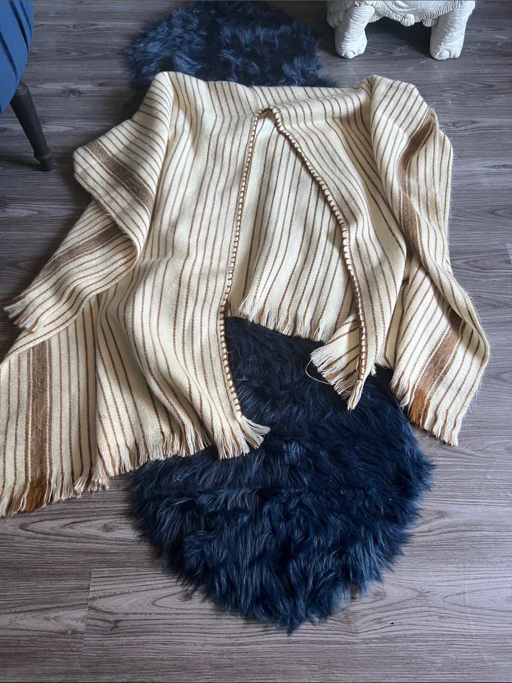 Cream and Brown Striped Knit poncho wrap